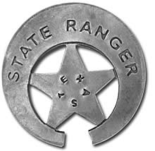 A silver circle star badge with the star closer to the bottom rather than centered. The words "Sate Ranger" are printed at the top and in the middle of the star is the letters of the word "Texas" arranged in a circle.