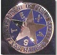 A blue and silver circle star shaped badge with the words "Department of Public Safety Texas Rangers" wrapped along the edge of the circle and the letters that spell out "Texas" alternating with the points of the star in the center.