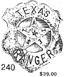 A copy of a shield shaped badge with a star in the center. The word "Texas is printed across the top of the badge and the word "Ranger" is printed across the bottom. In the points of the star are the letters that spell "Texas" and in the middle of the star is another much smaller star.