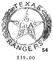 A copy of a circle star badge with the word "Texas" at the top of the circle and "Ranger" at the bottom. In the center of the star is the words "Co. A". There are leaves up the side of the circle and swirls in the middle of the star.