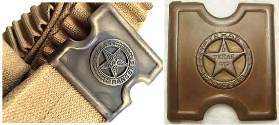 A brass belt buckle with a simplified circle star badge in the middle. In one photograph it is attached to a khaki canvas belt.