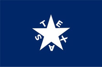 The letters of "Texas" circling around a five pointed star alternating with the points on a dark blue background.