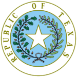 Republic of Texas circular seal with a star in the center and two branches circling the star on a light blue background.