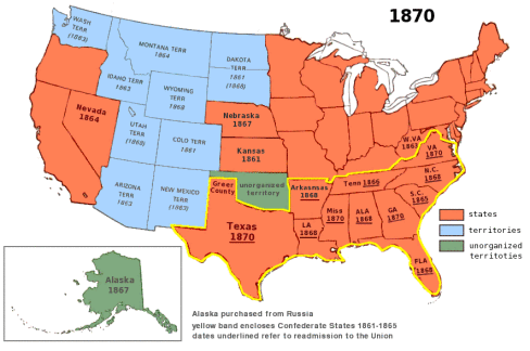 An 1870 map of the U.S. with states, territories, and unorganized territories all shaded in different colors.