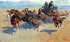 A painting of an Native American raid on a stagecoach.