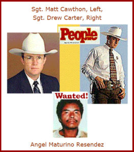 A photo collage including a headshot of a man in a dark suit, glasses, and a white cowboy hat, a People magazine cover with a Texas Ranger in full uniform, and a Wanted headshot of a man with a mustache.