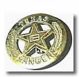 A gold circle star badge with the Texas Flag in the middle of the star, branches on the sides of the circle, and the words "Texas Ranger" on the top and bottom.