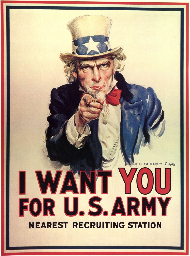 Classic U.S. Army recruitment poster with Uncle Sam pointing at the viewer and the text "I want YOU for U.S. Army Nearest Recruiting Station".