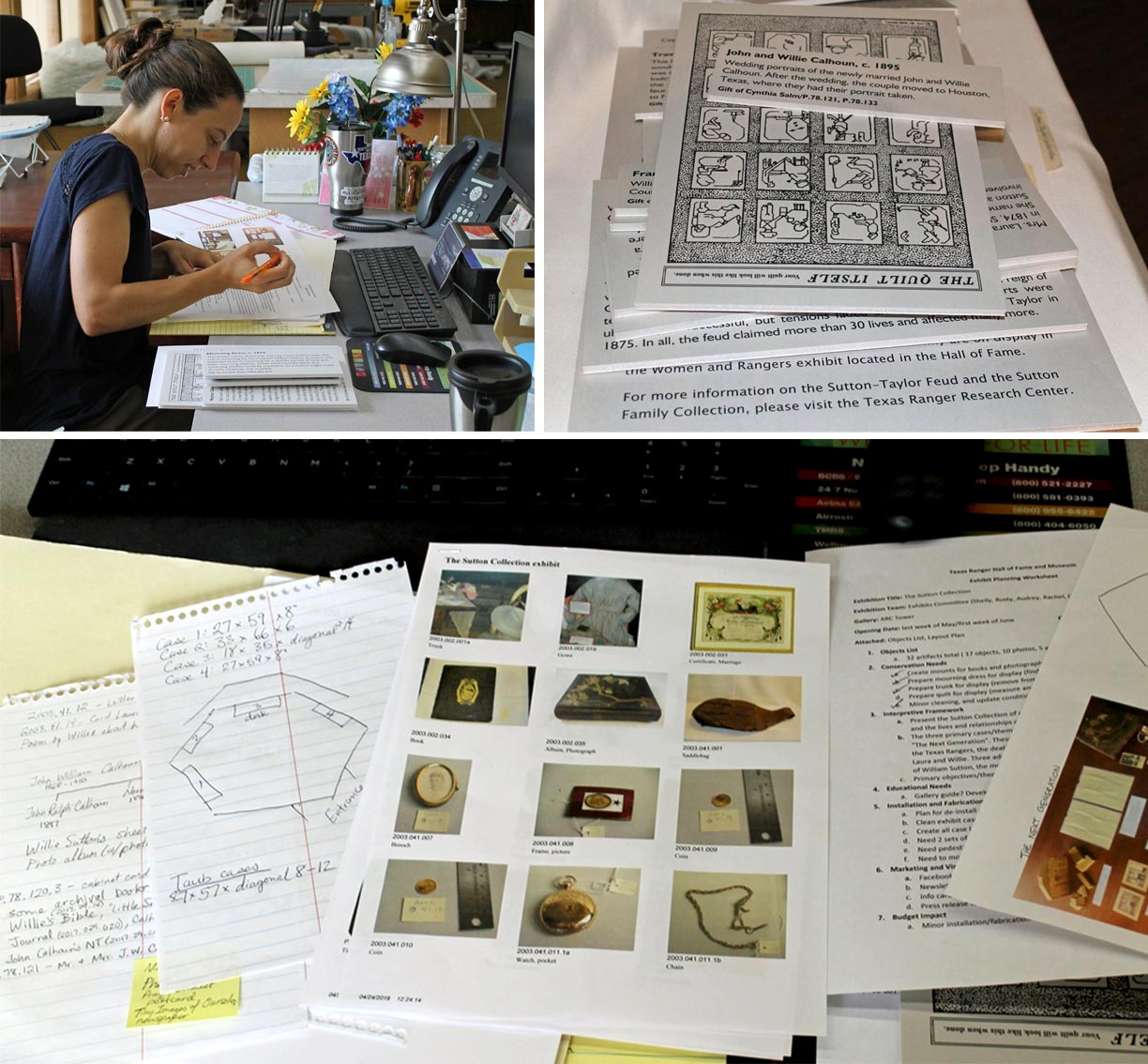 A photo collage of various labels, planning documents, and a woman working at her desk.