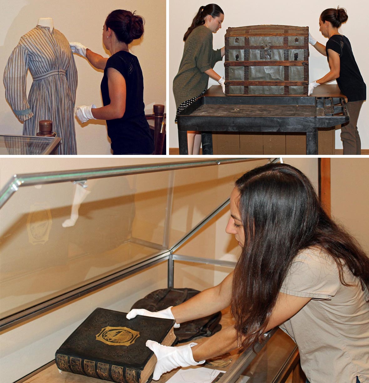 A photograph collage of two women putting artifacts in an exhibit. The exhibits visible are a dress, a trunk, and an ornate Bible.