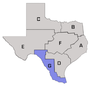 An outline of the state of Texas divided up into Companies A-G. Company G's territory is highlighted.