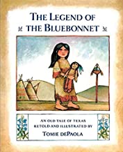 Book cover of "The Legend of the Bluebonnet" with a Native American girl holding a doll with hills and tepees in the background.