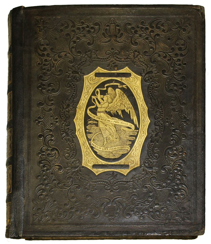 A dark brown book with embossing across the cover and a gold center illustration with an angel.