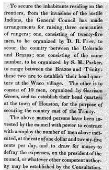 Baker & Bordens. Telegraph and Texas Register (San Felipe de Austin [i.e. San Felipe], Tex.), Vol. 1, No. 3, Ed. 1, Monday, October 26, 1835, newspaper, October 26, 1835; San Felipe de Austin, Texas. (https://texashistory.unt.edu/ark:/67531/metapth47877/m1/3/?q=texas%20rangers&fbclid=IwAR1VEM2sRmKRW3zT6vrtriQ1O2xBMLNjBcuHaqU92M9jabF1KKuBr39cgmw: accessed October 19, 2020), University of North Texas Libraries, The Portal to Texas History, https://texashistory.unt.edu; crediting The Dolph Briscoe Center for American History. 