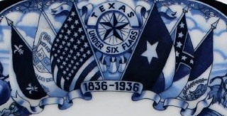 A design of the six flags of Texas and the Texas star in blue ink on a white background. The years printed in the design are 1836-1936.