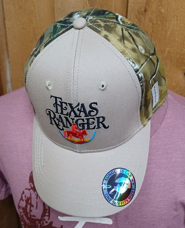 logo embroidered on pale brown hat with camo backing