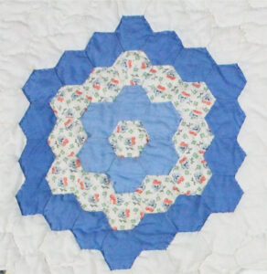 fabric circular patch of blue and white hexagons