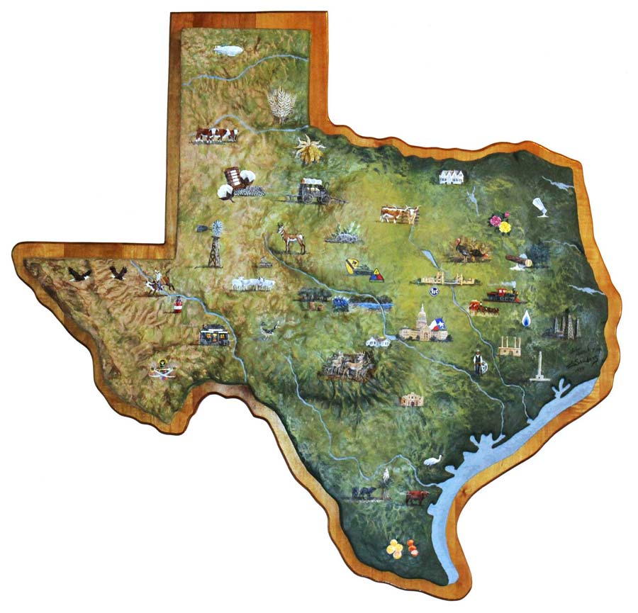 Texas shaped relief map with details