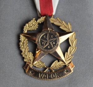 Gold medal of DPS logo in star with wreath surround and banner reading "valor" below. Ribbon is red and white striped.